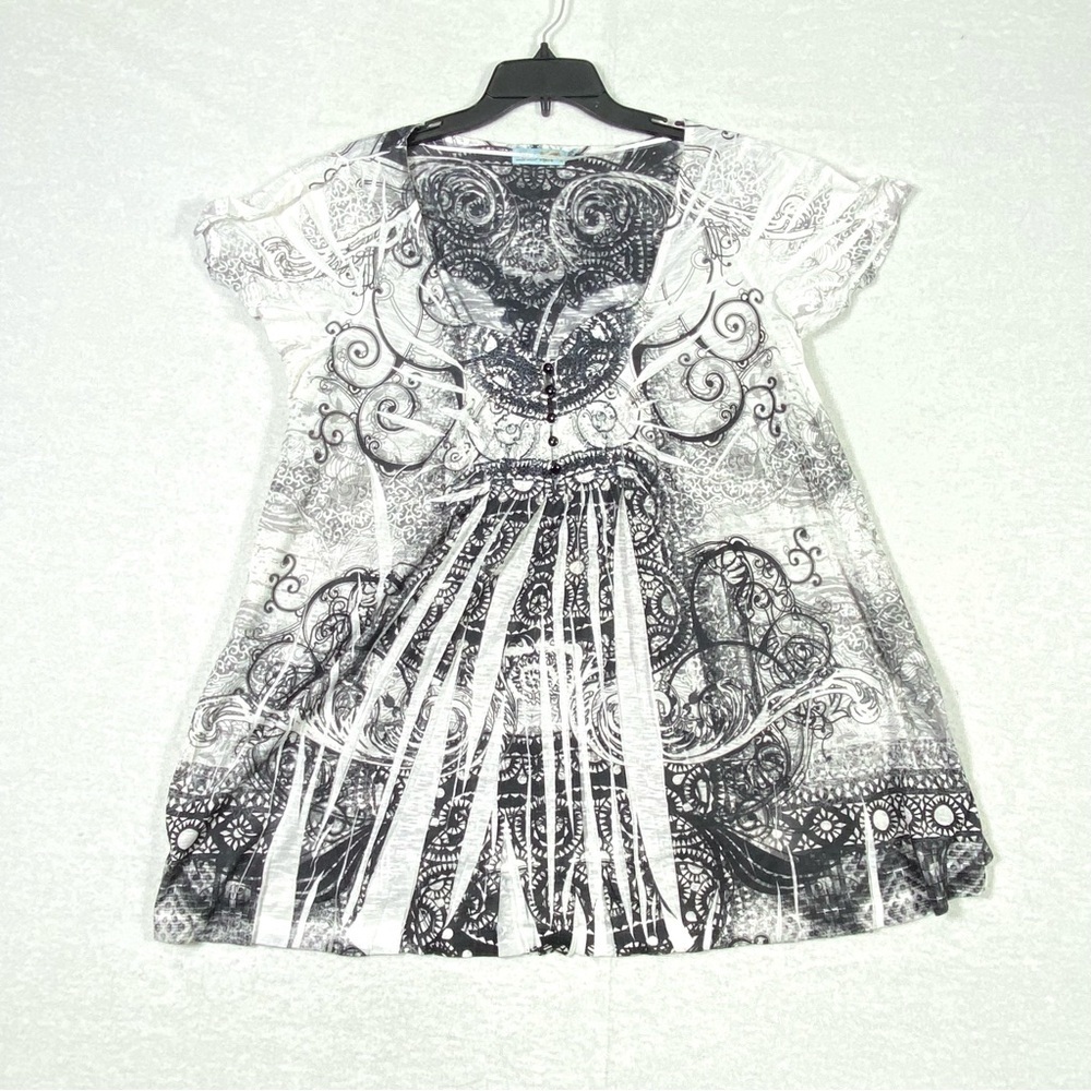 Unity World Boho Tunic Top Women's 2X Black White Abstract Print Sequins Stretch